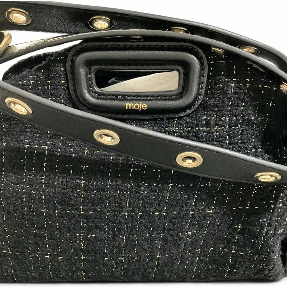 NWT MAJE Black Gold Metallic Tweed Crossbody Shoulder Bag Purse Leather Tassel - Picture 6 of 10